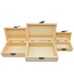 Set de 3 cajas de madera natural, forma de baúl, juego cajas decorativas sin tratar, cierre metálico, almacenaje objetos, joyas, manualidades, hogar. Ref.: UTIAN