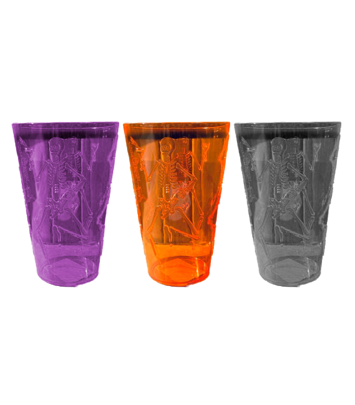 Tradineur - Pack de 3 vasos con diseño de esqueleto - Fabricado en plástico - Ideal para fiestas de Halloween - Ø 9,5 x 14 cm - Color Aleatorio