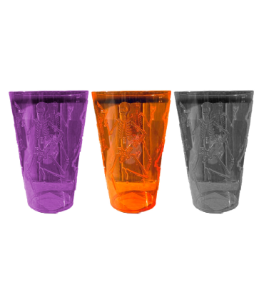 Tradineur - Pack de 3 vasos con diseño de esqueleto - Fabricado en plástico - Ideal para fiestas de Halloween - Ø 9,5 x 14 cm - Color Aleatorio