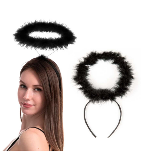 Tradineur - Corona de ángel - Diadema con aro - Complemento para disfraz de carnaval, halloween, cosplay, fiesta, adultos, talla única. - Color Negro