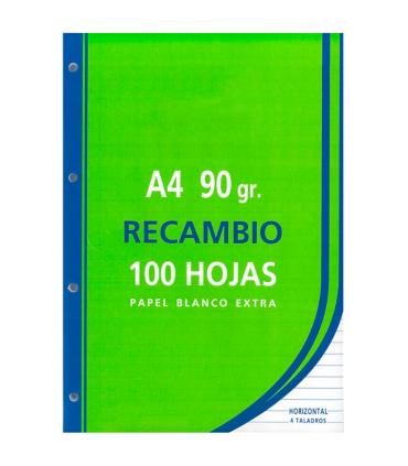 Tradineur - Pack de 100 hojas rayadas A4 perforadas con margen, recambio hojas sueltas para archivador, 4 taladros, papel 90 g, material escolar, oficina, modelo aleatorio