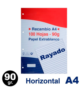 Tradineur - Pack de 100 hojas rayadas A4 perforadas con margen, recambio hojas sueltas para archivador, 4 taladros, papel 90 g, material escolar, oficina, modelo aleatorio