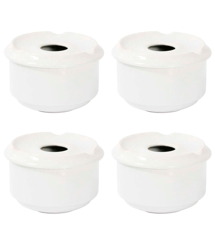 Tradineur - Pack de 4 ceniceros redondos blancos de cerámica, 11 x 6 cm, recipiente con tapa removible y muescas para cigarros, uso interior y exterior, hostelería, hogar