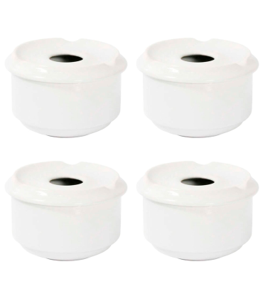 Tradineur - Pack de 4 ceniceros redondos blancos de cerámica, 11 x 6 cm, recipiente con tapa removible y muescas para cigarros, uso interior y exterior, hostelería, hogar