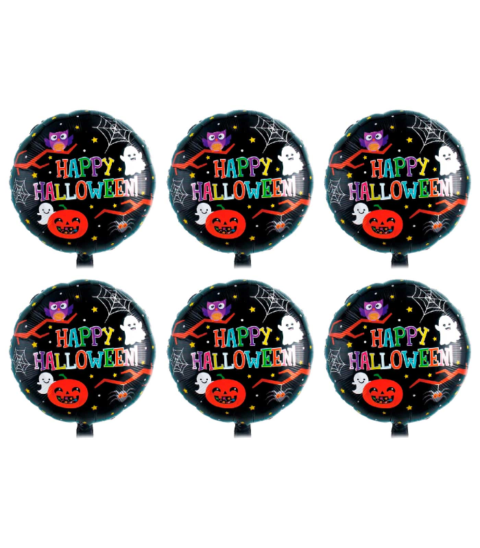 Tradineur - Pack de 6 Globos con letrero "Happy Halloween" - Diseño Original con Fantasmas, Calabaza, Araña, etc. - 43 x 43 cm