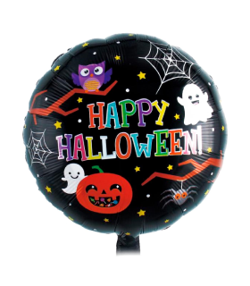 Tradineur - Pack de 6 Globos con letrero "Happy Halloween" - Diseño Original con Fantasmas, Calabaza, Araña, etc. - 43 x 43 cm