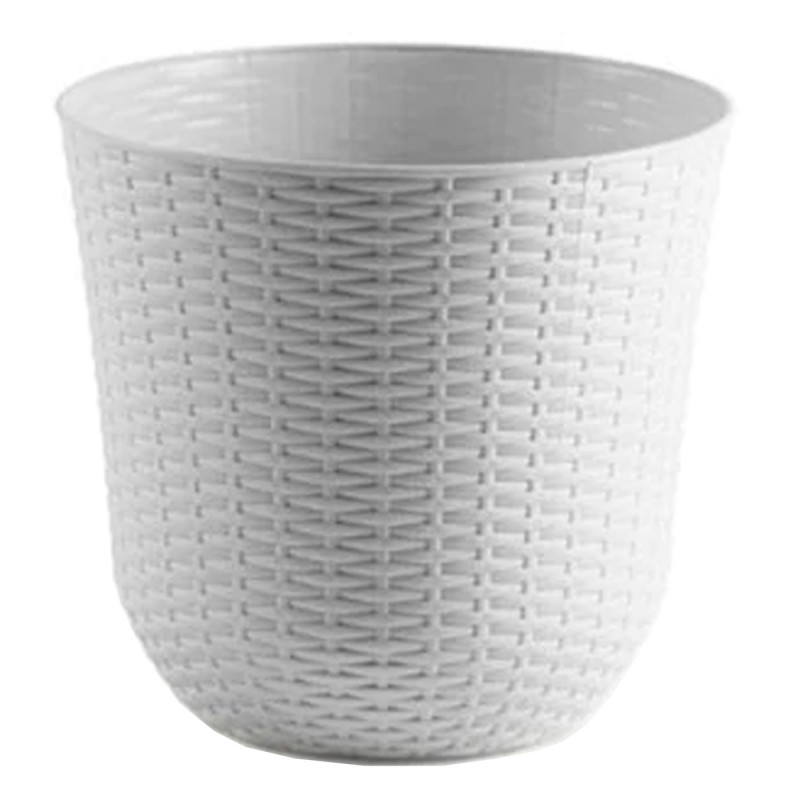 Tradineur - Maceta de plástico redonda Rattan, macetero, tiesto para plantas, flores, balcón, terraza, jardín (Blanco, 32,5 x 30