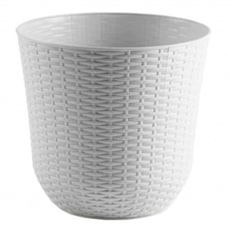 Tradineur - Maceta de plástico redonda Rattan, macetero, tiesto para plantas, flores, balcón, terraza, jardín (Blanco, 32,5 x 30