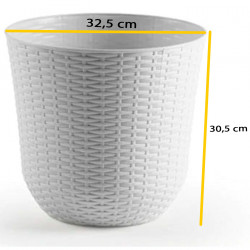 Tradineur - Maceta de plástico redonda Rattan, macetero, tiesto para plantas, flores, balcón, terraza, jardín (Blanco, 32,5 x 30