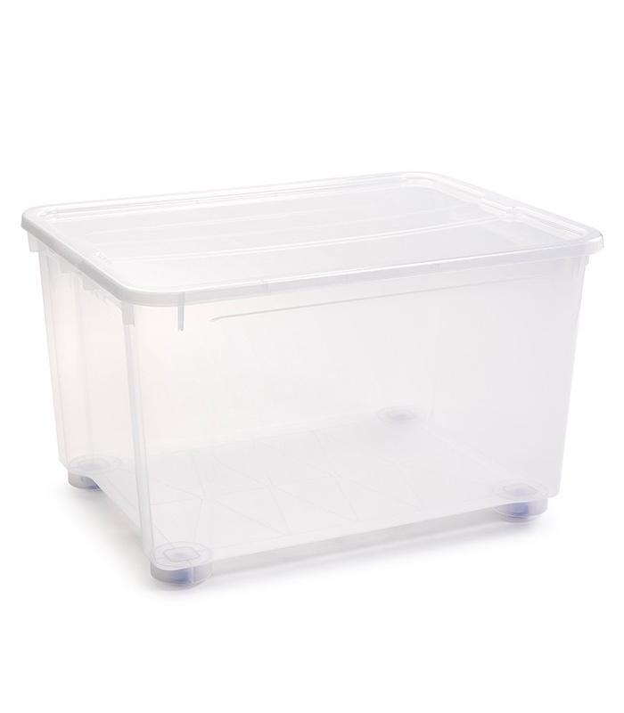 Tradineur - Caja de plástico transparente de 56 x 80 x 51,5 cm, con capacidad de 160 litros, Contenedor de plástico para almacenamiento con tapa válida para interior y exterior.