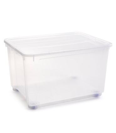 Tradineur - Caja de plástico transparente de 56 x 80 x 51,5 cm, con capacidad de 160 litros, Contenedor de plástico para almacenamiento con tapa válida para interior y exterior.