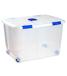 Tradineur - Caja de plástico transparente de 46,4 x 56,5 x 76,8 cm,, con capacidad de 133 litros, Contenedor de plástico para almacenamiento con tapa y ruedas, válida para interior e exterior