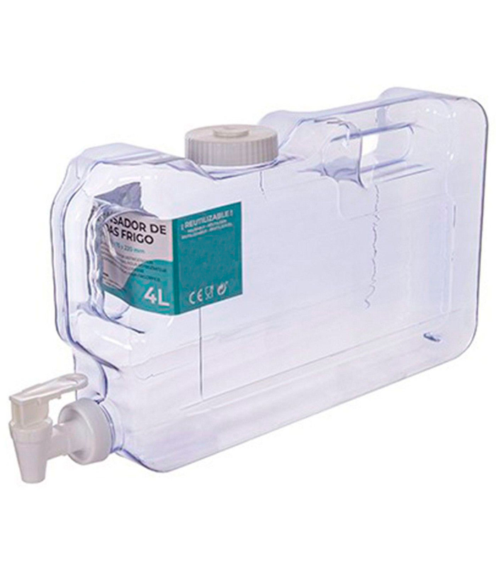 Tradineur - Dispensador de agua reutilizable de plástico, botella con grifo y asas, recipiente para servir bebidas frías, refrescos, frigorífico, nevera (4 litros - 19,5 x 7,5 x 39 cm)