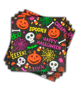 Tradineur - Pack de 48 servilletas desechables de Halloween - Diseño caraberas y calabazas - Accesorio para mesa - 16,5 x 16,5 cm