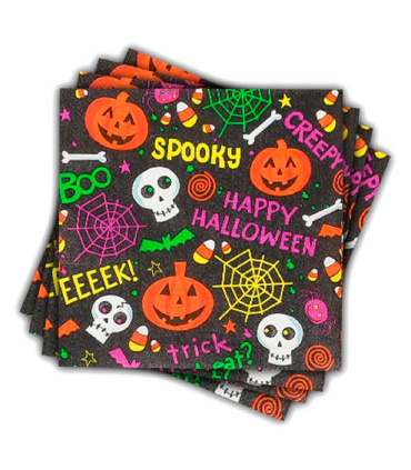 Tradineur - Pack de 48 servilletas desechables de Halloween - Diseño caraberas y calabazas - Accesorio para mesa - 16,5 x 16,5 cm