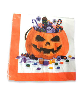 Tradineur - Pack de 48 servilletas desechables de Halloween - Diseño de calabaza con caramelos - Accesorio para mesa - 16,5 x 16,5 cm