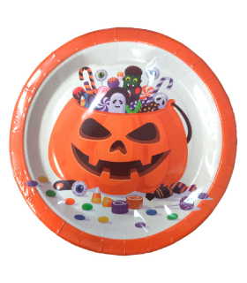 Tradineur - Paquete de 24 platos de Halloween - Diseño Calabaza - Fabricado en Papel - Apto para uso alimentario - Ø 23 cm