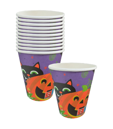 Tradineur - Packs de 48 vasos de Halloween con diseño de calabaza y gato - Fabricado en Papel - Ideal para fiestas de Halloween - 270 ml - Ø 7,5 x 9 cm