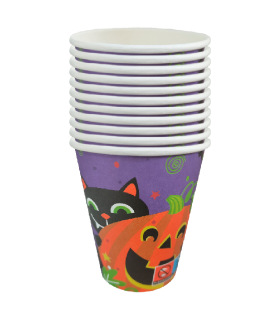 Tradineur - Packs de 48 vasos de Halloween con diseño de calabaza y gato - Fabricado en Papel - Ideal para fiestas de Halloween - 270 ml - Ø 7,5 x 9 cm