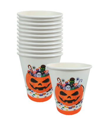 Tradineur - Packs de 48 vasos de Halloween con diseño de calabaza - Fabricado en Papel - Ideal para fiestas de Halloween - 270 ml - Ø 7,5 x 9 cm