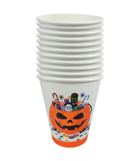 Tradineur - Packs de 48 vasos de Halloween con diseño de calabaza - Fabricado en Papel - Ideal para fiestas de Halloween - 270 ml - Ø 7,5 x 9 cm