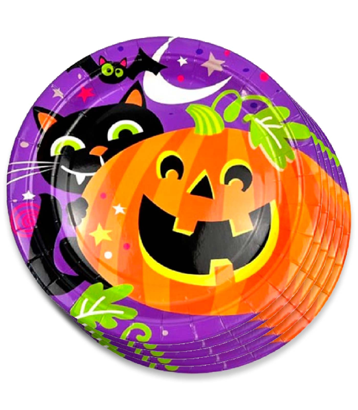 Tradineur - Pack de 30 Platos de Halloween - Diseño Calabaza y gatos negros - Fabricado en Papel - Apto para uso alimentario - Ø 18 cm