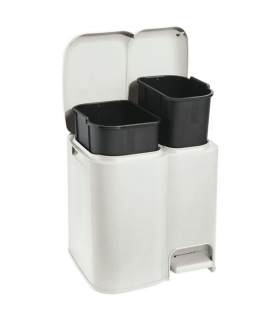 Tradineur - Cubo de basura doble de plástico con tapa, fácil apertura con pedal, papelera, contenedor almacenamiento de residuos, reciclaje, cocina (Blanco, 25 litros, 41,5 x 39 x 32 cm)