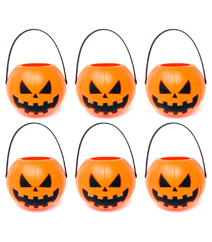 Tradineur - Pack de 6 Mini-Cestas de calabaza para Halloween - Plástico - Adorno para decoración festiva - 5 x 7 x 6,5 cm - Naranja