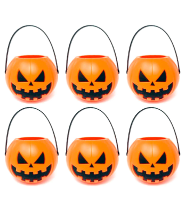 Tradineur - Pack de 6 Mini-Cestas de calabaza para Halloween - Plástico - Adorno para decoración festiva - 5 x 7 x 6,5 cm - Naranja