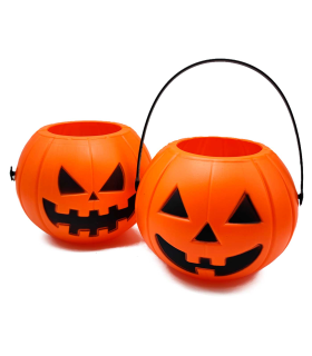 Tradineur - Pack de 6 Mini-Cestas de calabaza para Halloween - Plástico - Adorno para decoración festiva - 5 x 7 x 6,5 cm - Naranja