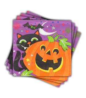 Tradineur - Pack de 48 servilletas desechables de Halloween - Diseño con Gato, Murciélago y calabaza - Accesorio para mesa - 16,5 x 16,5 cm