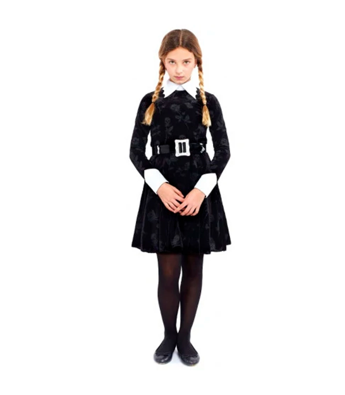 Tradineur - Disfraz de Miércoles Addams para adolescente, modelo Strange Girl, poliéster, incluye vestido y cinturón, Halloween, carnaval, cosplay (13-15 años)