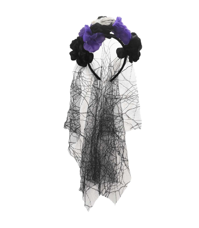 Tradineur - Diadema catrina con velo, flores negras y lilas, complemento para disfraces de carnaval, Halloween, cosplay (Adulto, talla única)