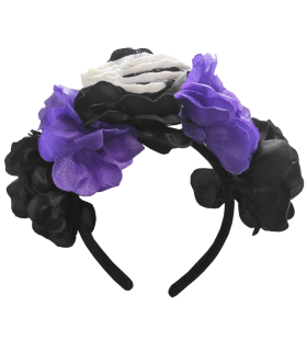 Tradineur - Diadema catrina con velo, flores negras y lilas, complemento para disfraces de carnaval, Halloween, cosplay (Adulto, talla única)