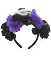 Tradineur - Diadema catrina con velo, flores negras y lilas, complemento para disfraces de carnaval, Halloween, cosplay (Adulto, talla única)