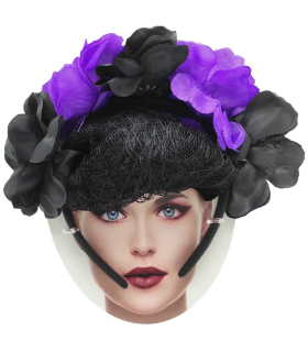 Tradineur - Diadema catrina con velo, flores negras y lilas, complemento para disfraces de carnaval, Halloween, cosplay (Adulto, talla única)