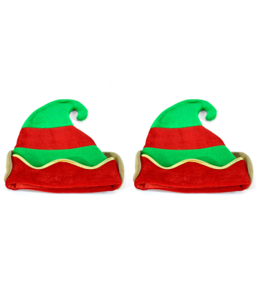 Tradineur - Pack de 2 gorros de elfo, poliéster, sombrero, accesorio navideño, fiestas, celebraciones, Navidad, carnaval (Adulto, unisex, rojo y verde, 32 x 34,5 cm)