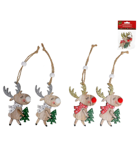 Tradineur - Pack de 8 colgantes de reno con árbol, madera contrachapada, figuras de Navidad, adornos para árbol, chimeneas, decoración festiva - 6,5 x 9 cm - Modelos aleatorios