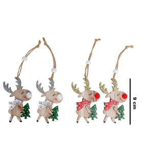 Tradineur - Pack de 8 colgantes de reno con árbol, madera contrachapada, figuras de Navidad, adornos para árbol, chimeneas, decoración festiva - 6,5 x 9 cm - Modelos aleatorios