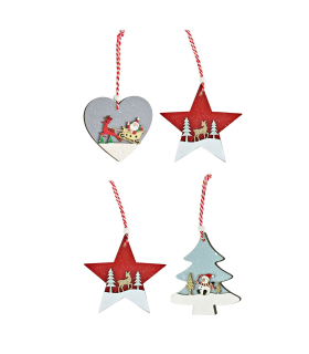 Tradineur - Pack de 4 adornos colgantes con paisaje navideño, madera contrachapada, decoración festiva, árbol, chimenea, hogar, 8 - 10 cm, modelos aleatorios