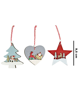 Tradineur - Pack de 4 adornos colgantes con paisaje navideño, madera contrachapada, decoración festiva, árbol, chimenea, hogar, 8 - 10 cm, modelos aleatorios