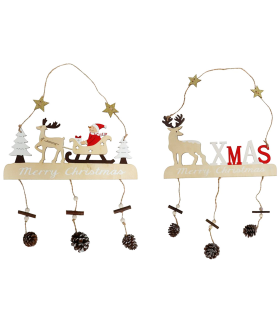 Tradineur - Pack de 2 adornos colgantes con figuras navideñas y piñas, madera, decoración festiva, Navidad, pared, chimenea - 30 x 27 cm - Modelos aleatorios