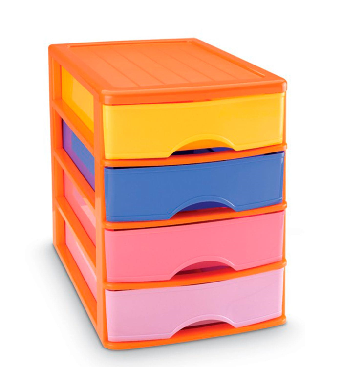 Tradineur - Cajonera sobremesa naranja 4 cajones multicolor 35 x 27 x 35,5 cm. Torre de almacenaje multiusos, organizador auxiliar, almacenamiento, baño