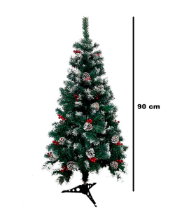 Tradineur - Árbol de Navidad con piñas y bayas, pino artificial verde con puntas blancas, estructura de plástico y metal revestido, robusto y duradero, fácil montaje, 90 cm