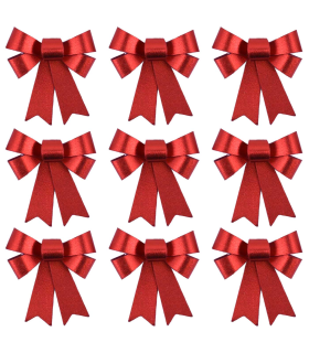 Tradineur - Pack de 9 lazos decorativos, poliéster y plástico, adornos Navidad, árbol, envolver regalos, manualidades (Rojo brillo, 10 x 13 cm)