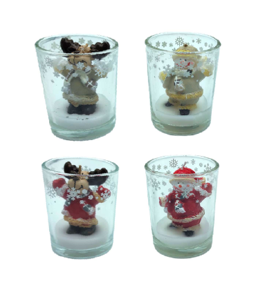 Tradineur - Pack de 4 vasos de velas con figuras navideñas - Fabricados en cristal y vela - Decoración para temporada navideña - Ø 5,5 x 6,5 cm - Modelo Surtido