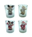 Tradineur - Pack de 4 vasos de velas con figuras navideñas - Fabricados en cristal y vela - Decoración para temporada navideña - Ø 5,5 x 6,5 cm - Modelo Surtido