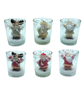 Tradineur - Pack de 4 vasos de velas con figuras navideñas - Fabricados en cristal y vela - Decoración para temporada navideña - Ø 5,5 x 6,5 cm - Modelo Surtido