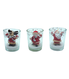 Tradineur - Pack de 4 vasos de velas con figuras navideñas - Fabricados en cristal y vela - Decoración para temporada navideña - Ø 5,5 x 6,5 cm - Modelo Surtido