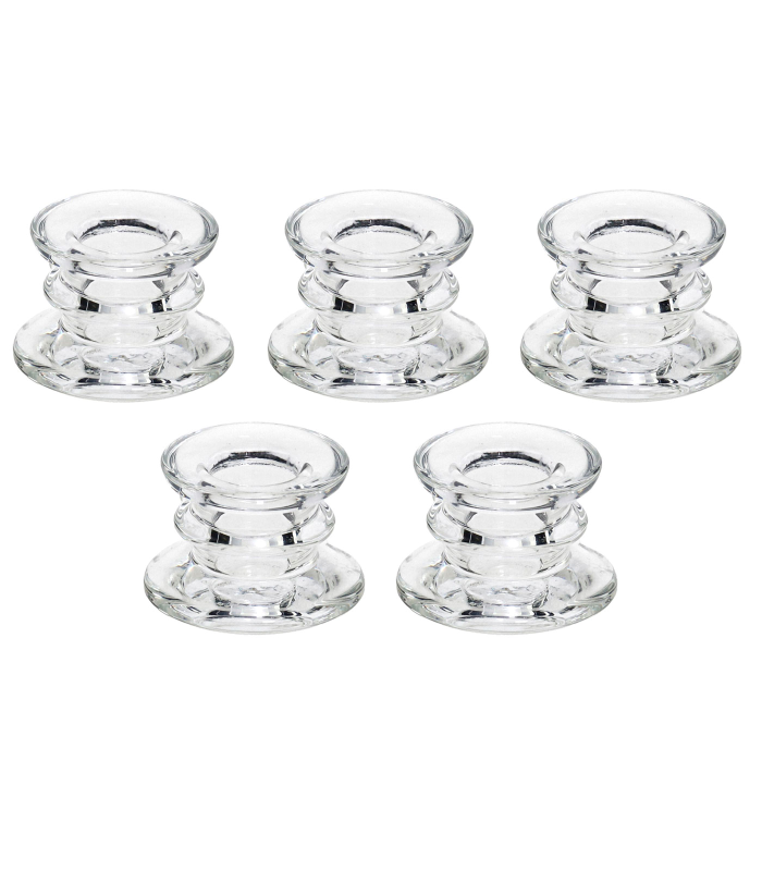 Tradineur - Pack de 5 portavelas de vidrio, soportes para velas cilíndricas, alargadas, decoración, centros de mesa, Navidad, bodas, fiestas - 5,7 x 3,8 cm